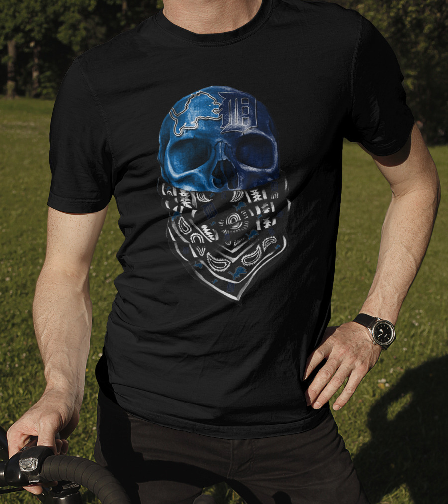 Detroit Lions And Tigers Skull Bandana Blue T-Shirt