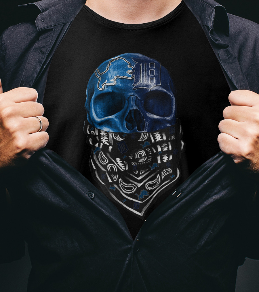 Detroit Lions And Tigers Skull Bandana Blue T-Shirt