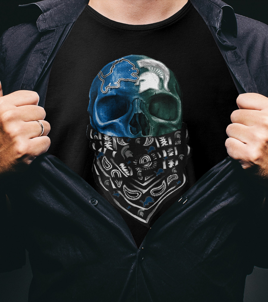 Detroit Lions Michigan State Spartans Skull Bandana T-Shirt