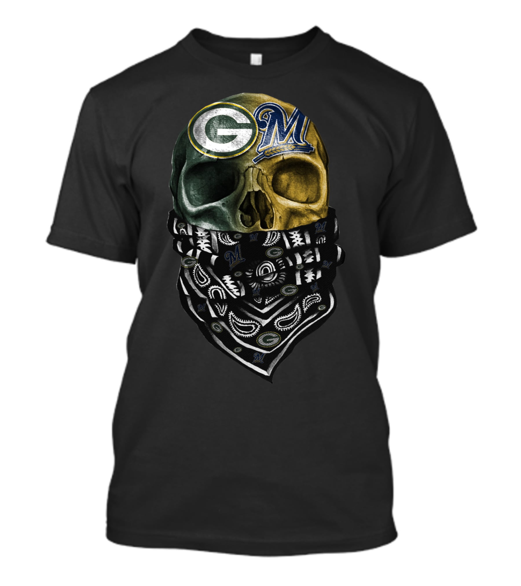 Green Bay Packers And Milwaukee Brewers Skull Bandana T-Shirt