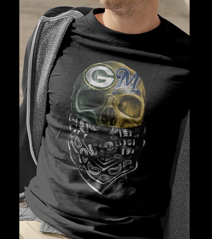 Green Bay Packers And Milwaukee Brewers Skull Bandana T-Shirt