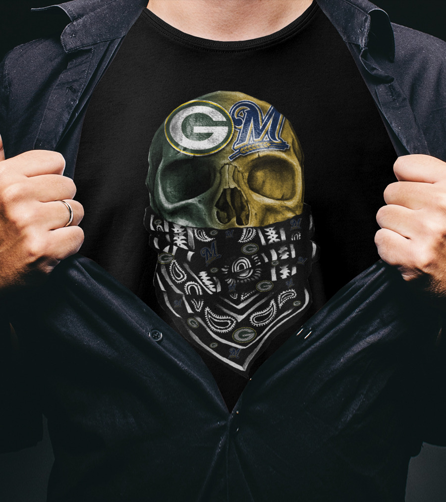 Green Bay Packers And Milwaukee Brewers Skull Bandana T-Shirt