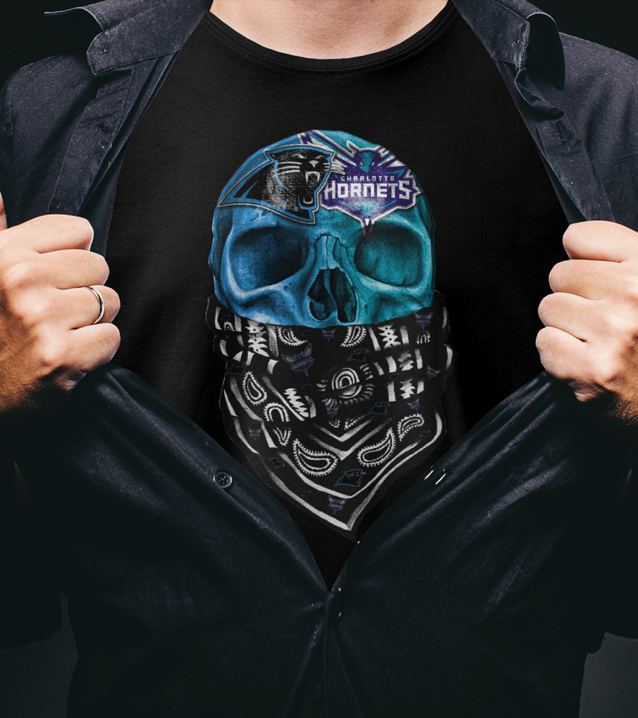 Carolina Panthers Charlotte Hornets Bandana Skull T-Shirt