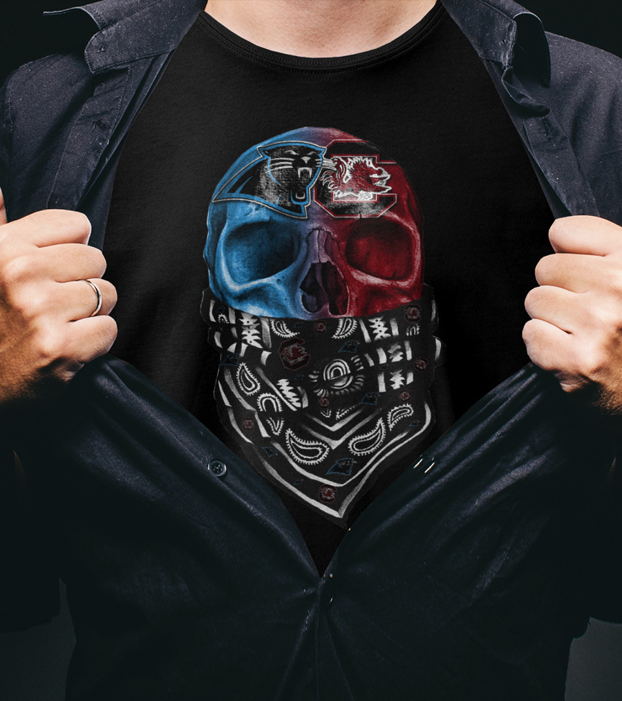 Carolina Panthers And South Carolina Gamecocks Skull Bandana T-Shirt