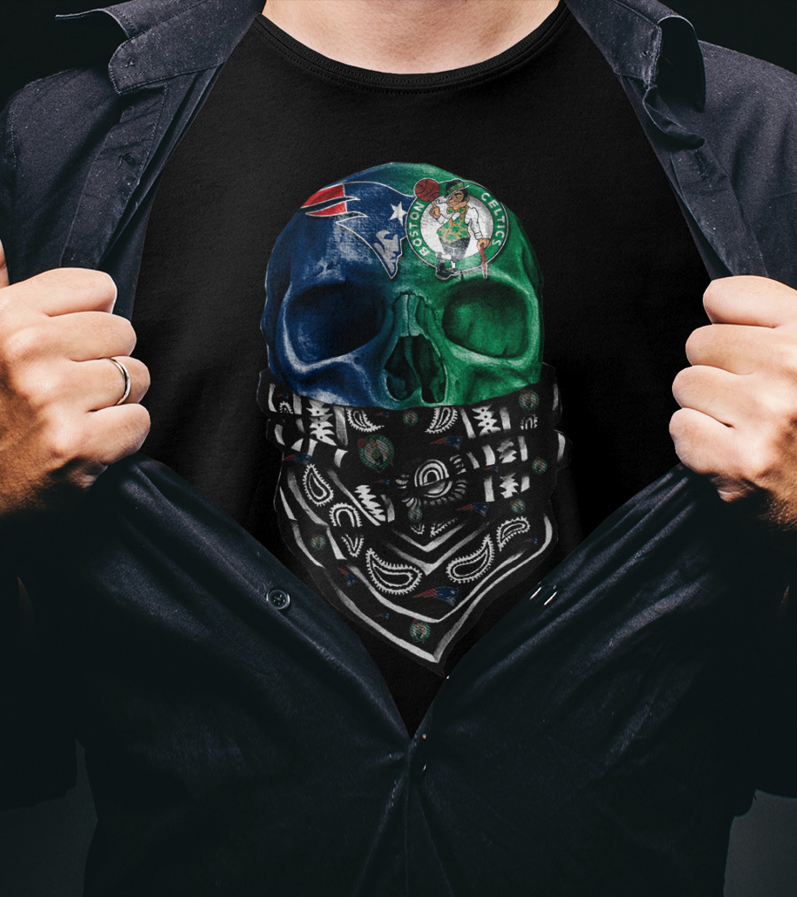 New England Patriots Boston Celtics Skull Bandana T-Shirt