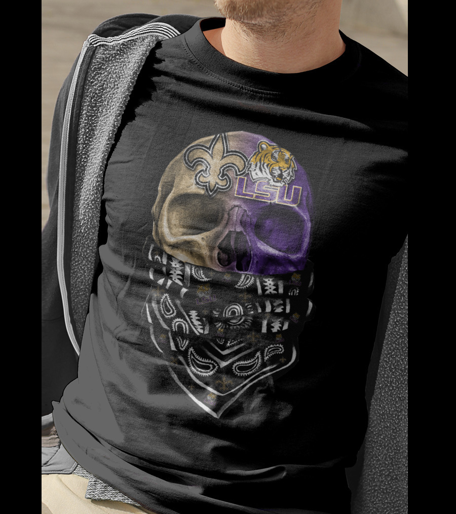 Lsu Tigers Skull With New Orleans Saints Logo Bandana T-Shirt