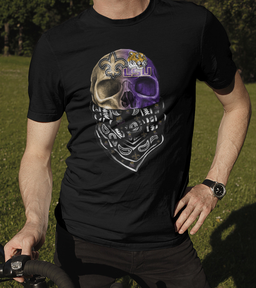 Lsu Tigers Skull With New Orleans Saints Logo Bandana T-Shirt