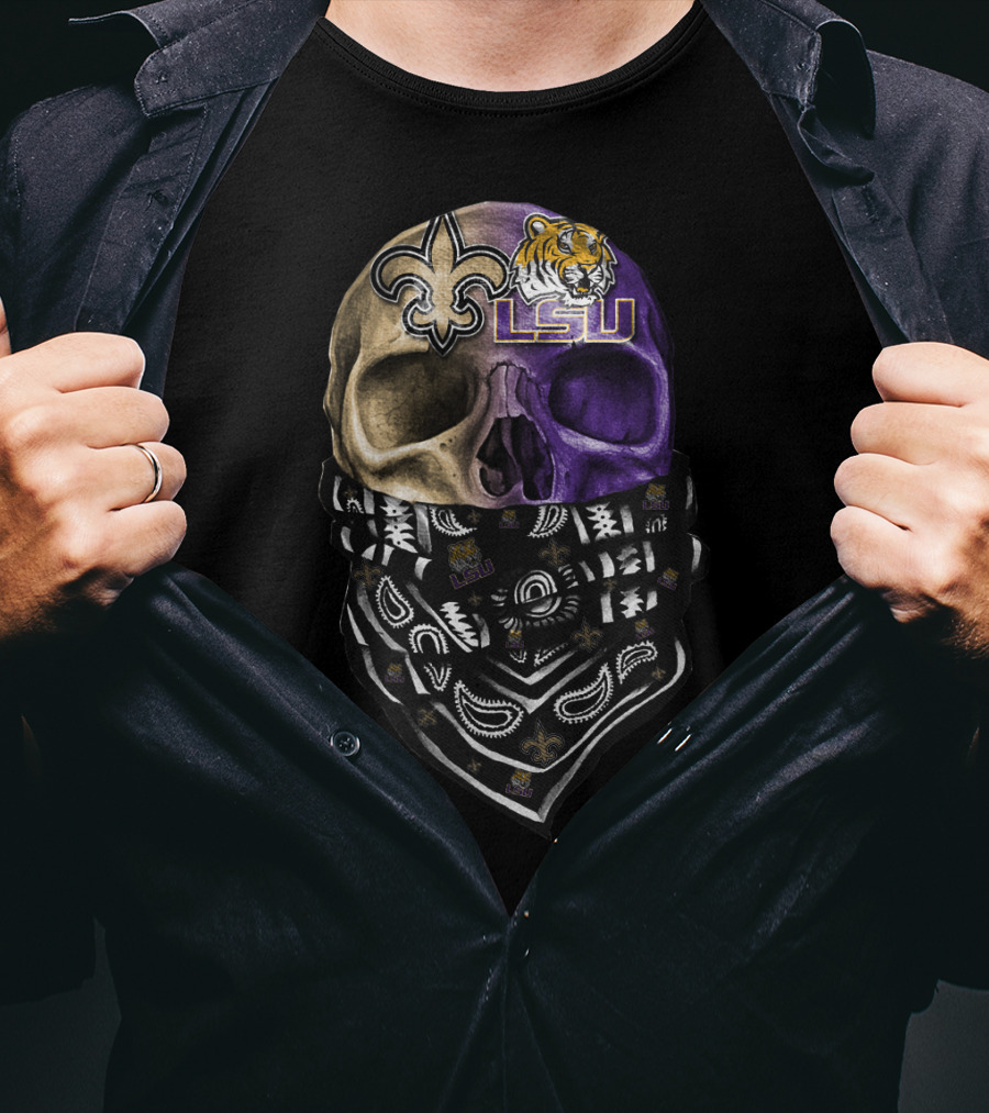 Lsu Tigers Skull With New Orleans Saints Logo Bandana T-Shirt