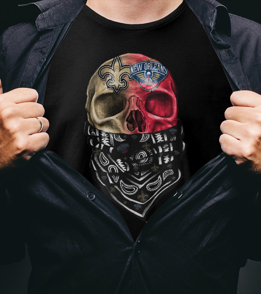 New Orleans Saints Pelicans Skull Bandana T-Shirt