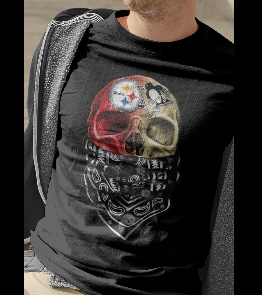 Steelers And Penguins Dual Skull Bandana Art On Sku 114 T-Shirt