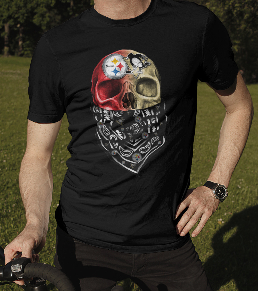 Steelers And Penguins Dual Skull Bandana Art On Sku 114 T-Shirt