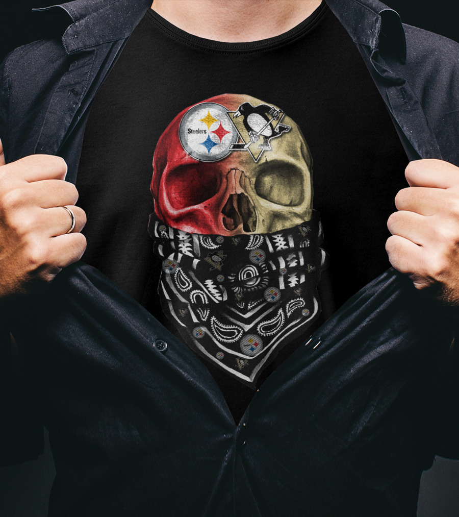 Steelers And Penguins Dual Skull Bandana Art On Sku 114 T-Shirt