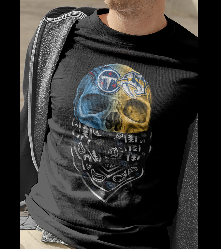 Tennessee Titans Nashville Predators Dual Skull Bandana T-Shirt