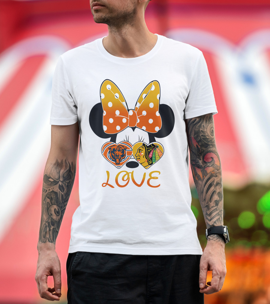 Minnie Mouse Love Chicago Bears Blackhawks Bow T-Shirt