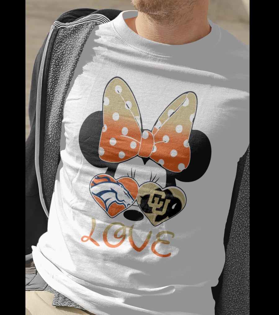 Love Minnie Mouse Orange Bow Denver Broncos University Of Colorado Buffaloes Hearts T-Shirt