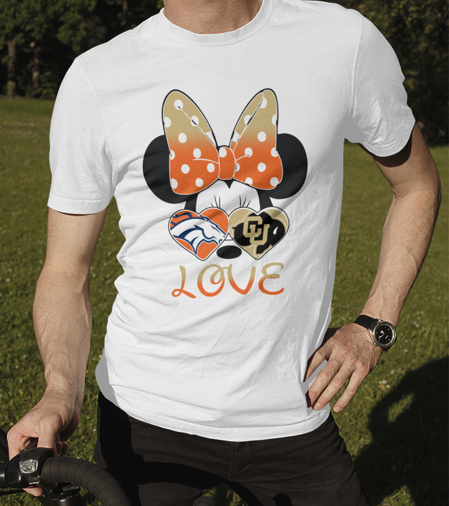 Love Minnie Mouse Orange Bow Denver Broncos University Of Colorado Buffaloes Hearts T-Shirt