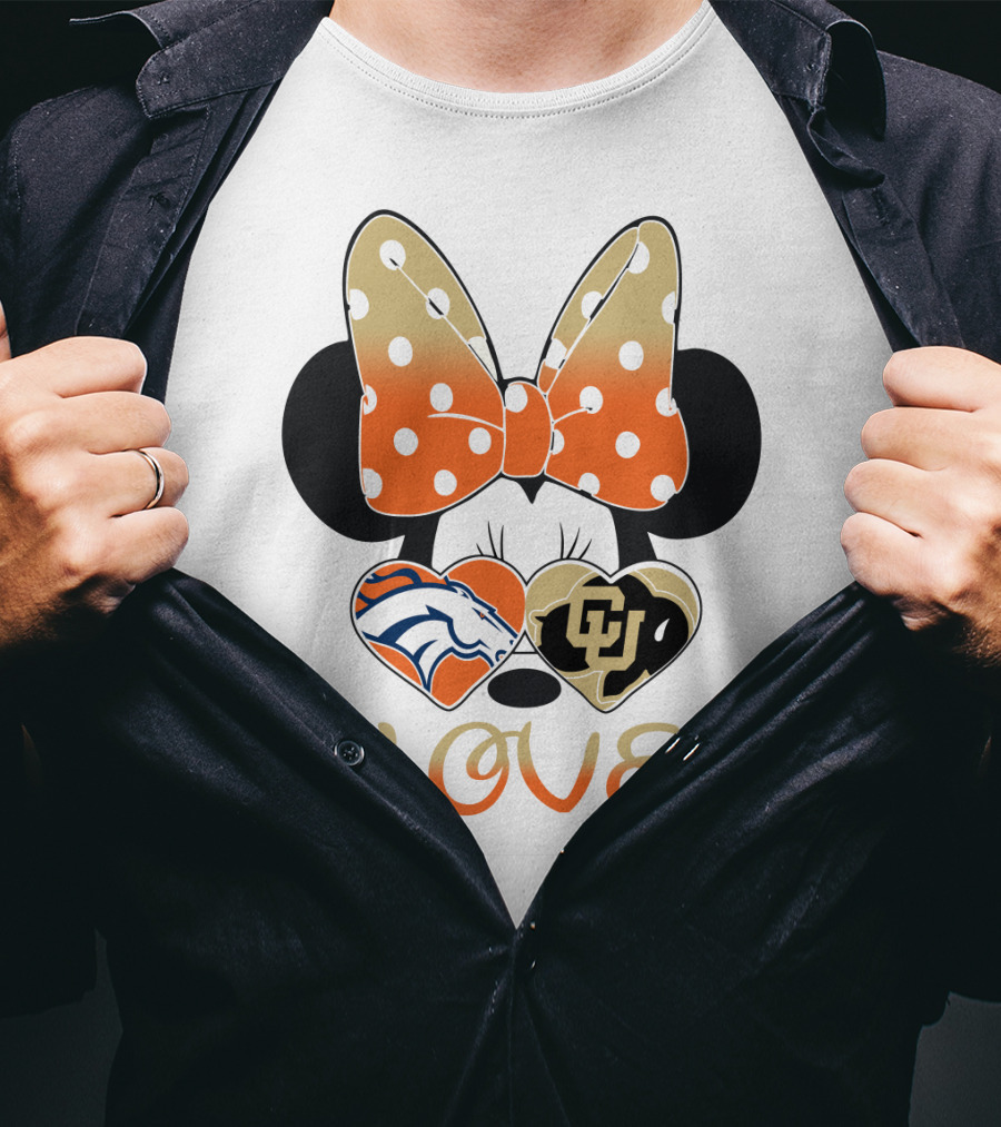 Love Minnie Mouse Orange Bow Denver Broncos University Of Colorado Buffaloes Hearts T-Shirt