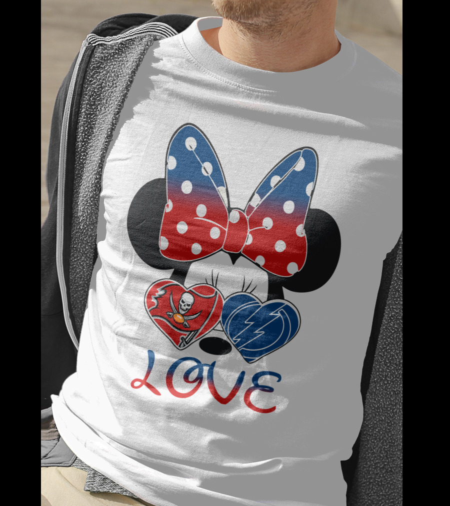 Love Minnie Bow Red And Blue Hearts With Buccaneers And Lightning Logos T-Shirt