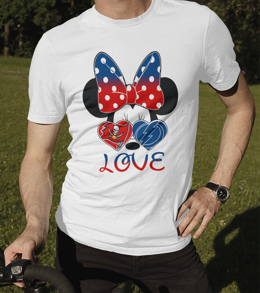 Love Minnie Bow Red And Blue Hearts With Buccaneers And Lightning Logos T-Shirt