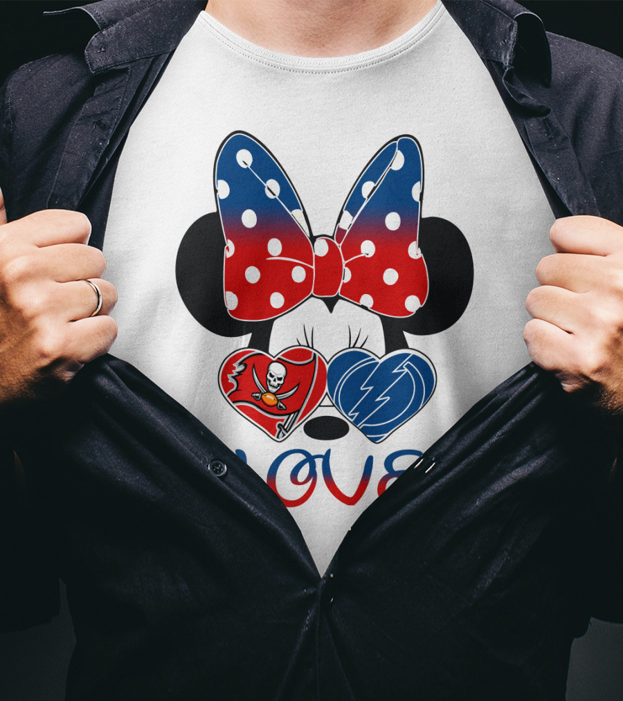 Love Minnie Bow Red And Blue Hearts With Buccaneers And Lightning Logos T-Shirt