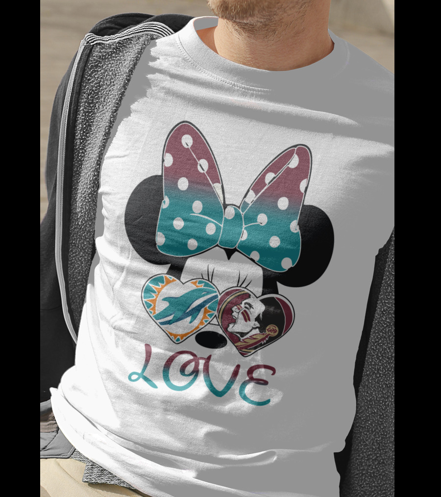 Love Minnie Bow Miami Dolphins Florida State Seminoles Hearts T-Shirt