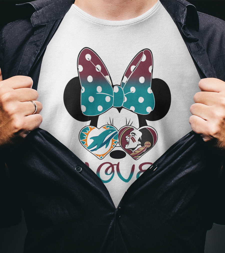 Love Minnie Bow Miami Dolphins Florida State Seminoles Hearts T-Shirt