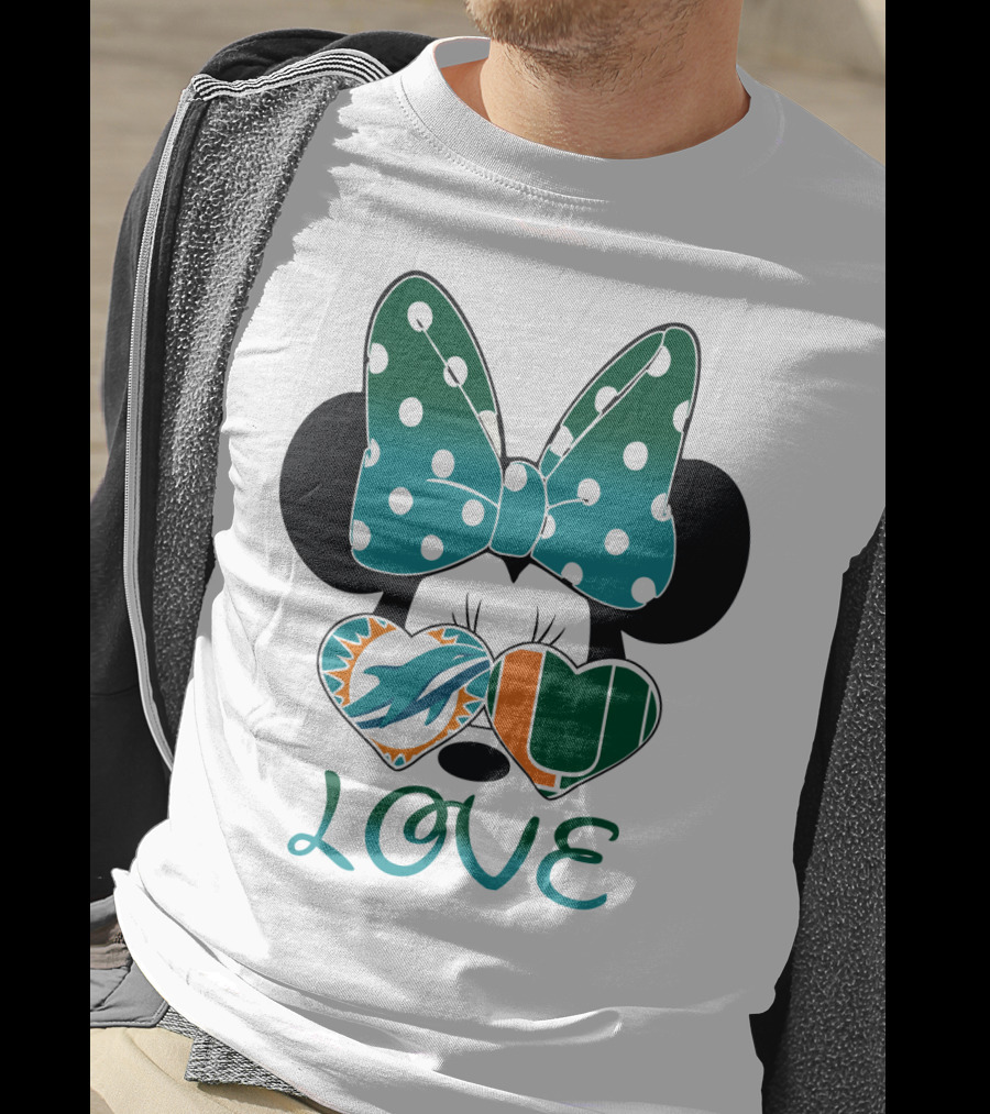 Miami Dolphins Hurricanes Love Minnie Mouse Polka Dot Bow T-Shirt