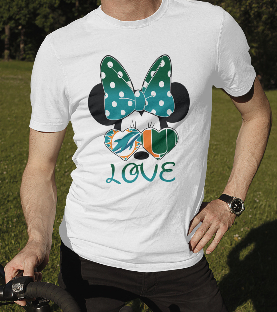 Miami Dolphins Hurricanes Love Minnie Mouse Polka Dot Bow T-Shirt