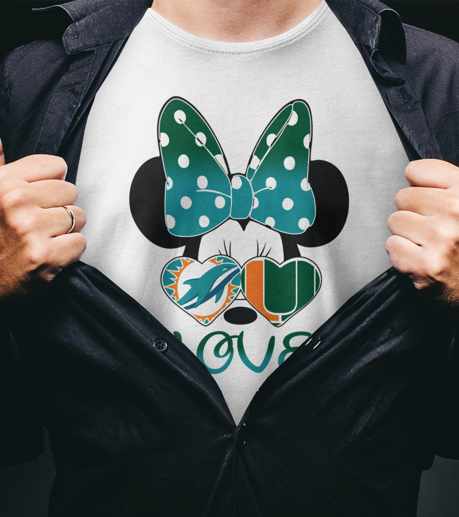 Miami Dolphins Hurricanes Love Minnie Mouse Polka Dot Bow T-Shirt