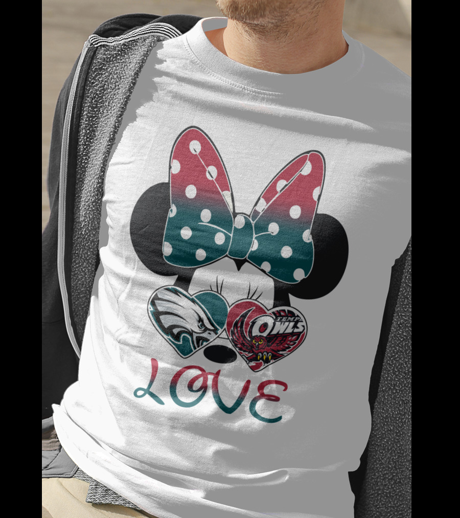 Minnie Mouse Bow Love Philadelphia Eagles Temple Owls Hearts T-Shirt
