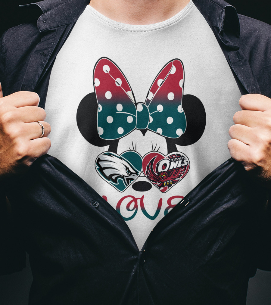 Minnie Mouse Bow Love Philadelphia Eagles Temple Owls Hearts T-Shirt