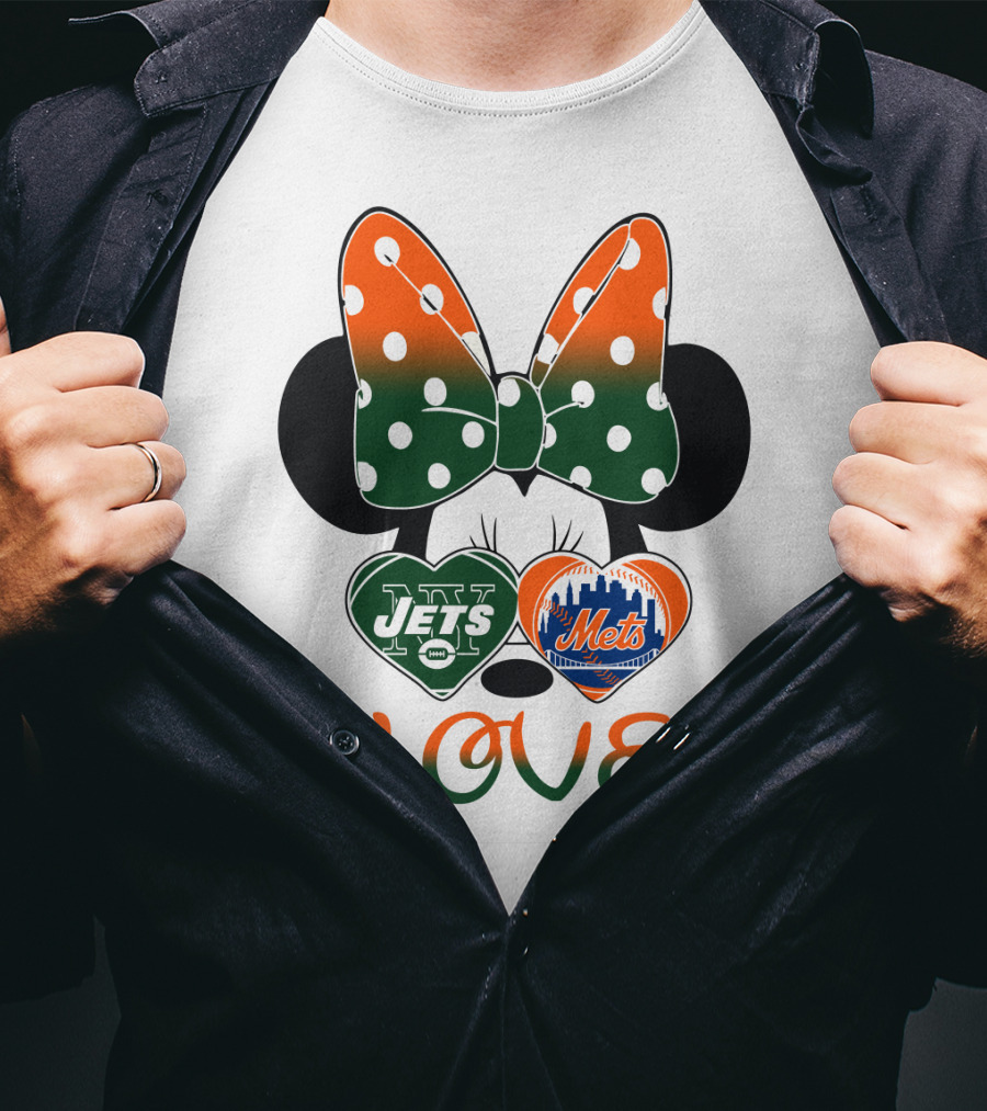 Love Ny Jets Mets Minnie Bow Hearts T-Shirt