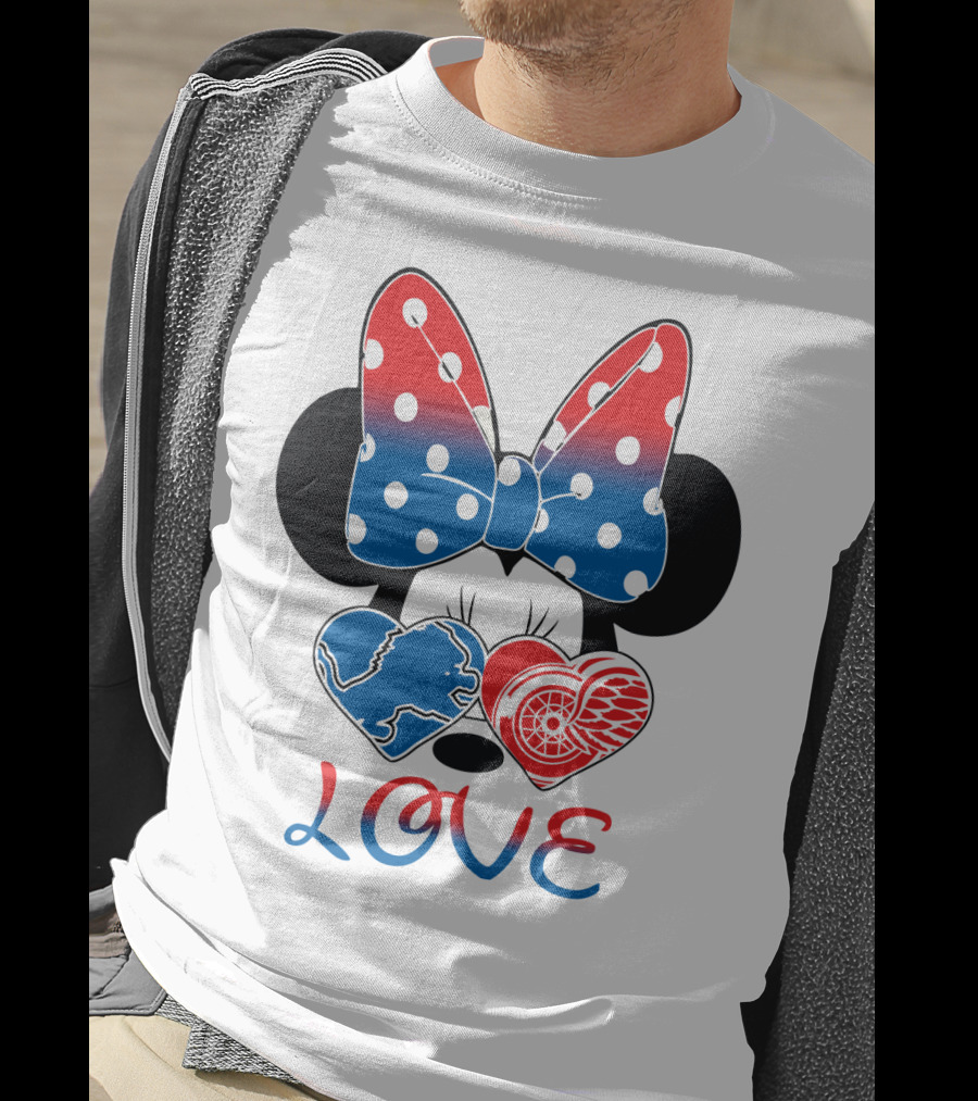 Love Minnie Mouse Detroit Lions Red Wings Bow Hearts T-Shirt
