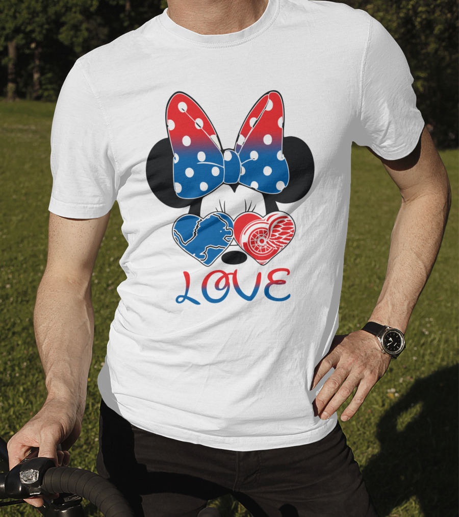 Love Minnie Mouse Detroit Lions Red Wings Bow Hearts T-Shirt
