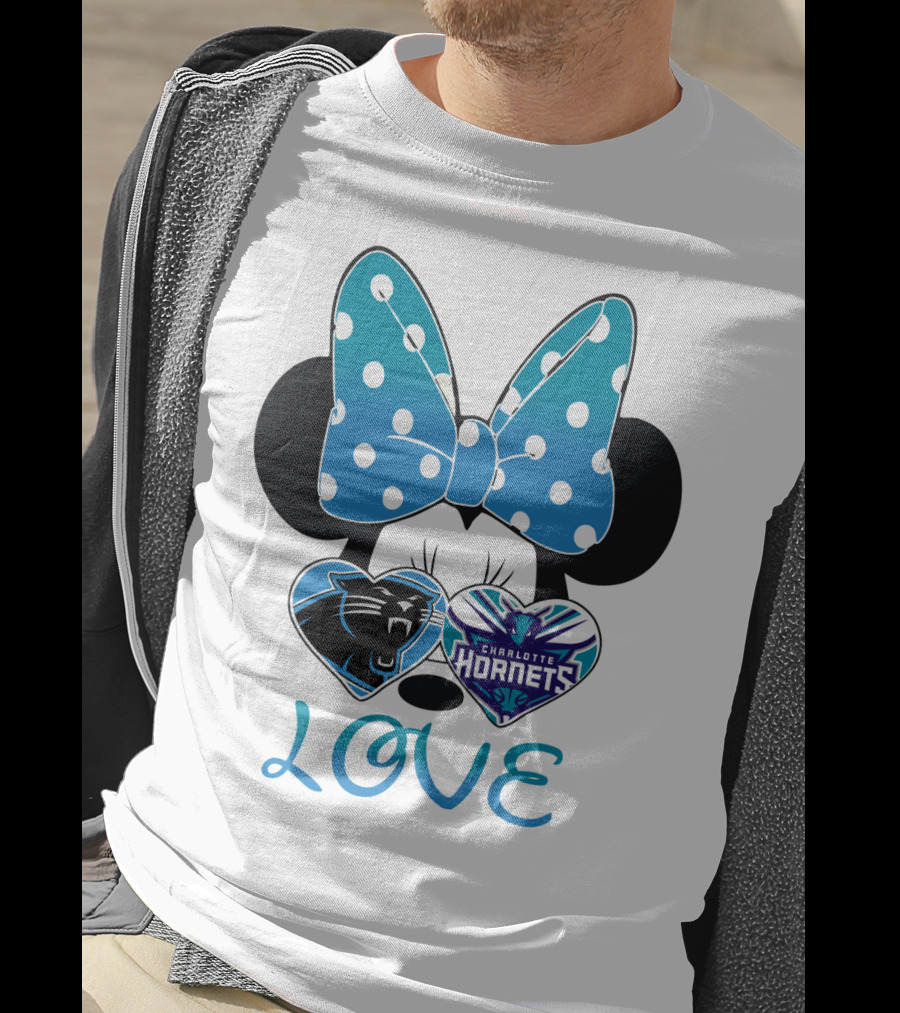 Minnie Mouse Love Carolina Panthers Charlotte Hornets Bow Hearts T-Shirt