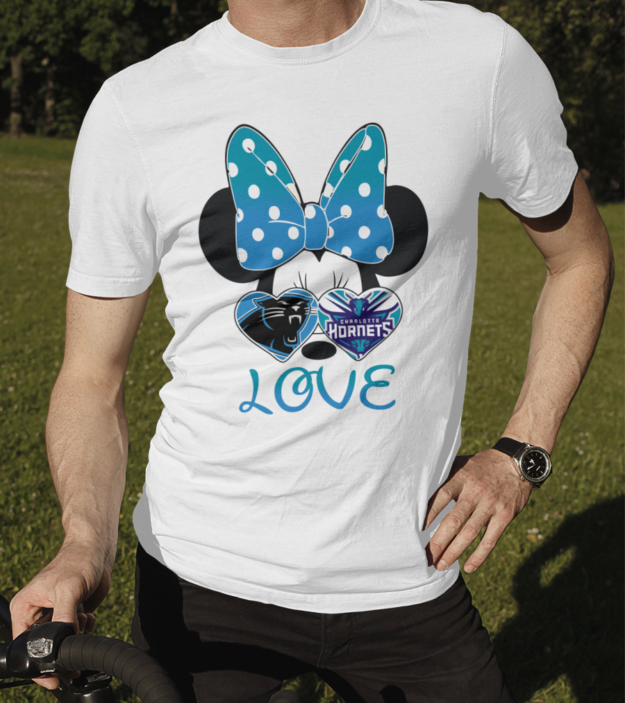 Minnie Mouse Love Carolina Panthers Charlotte Hornets Bow Hearts T-Shirt