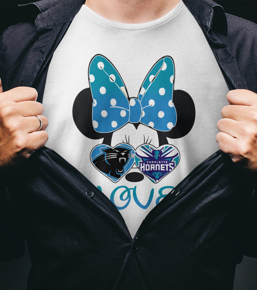 Minnie Mouse Love Carolina Panthers Charlotte Hornets Bow Hearts T-Shirt