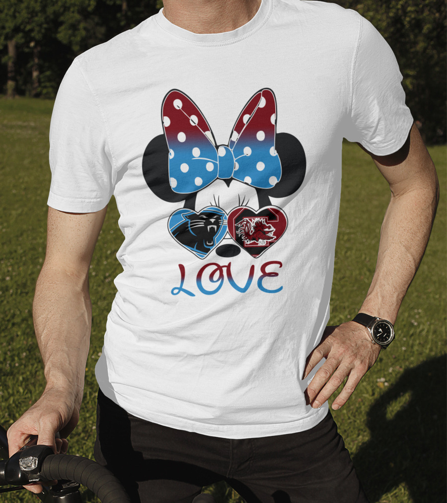 Love Carolina Panthers South Carolina Gamecocks Minnie Bow Hearts T-Shirt