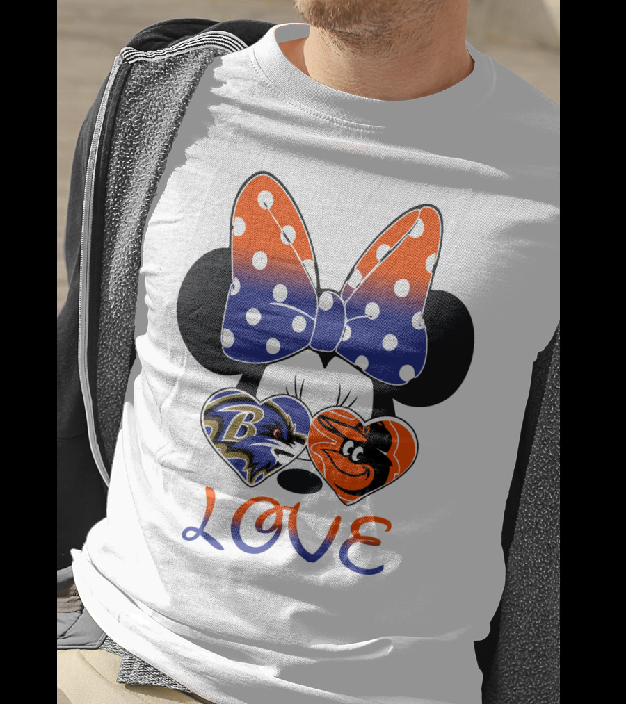 Love Baltimore Ravens Orioles Minnie Mouse Bow T-Shirt