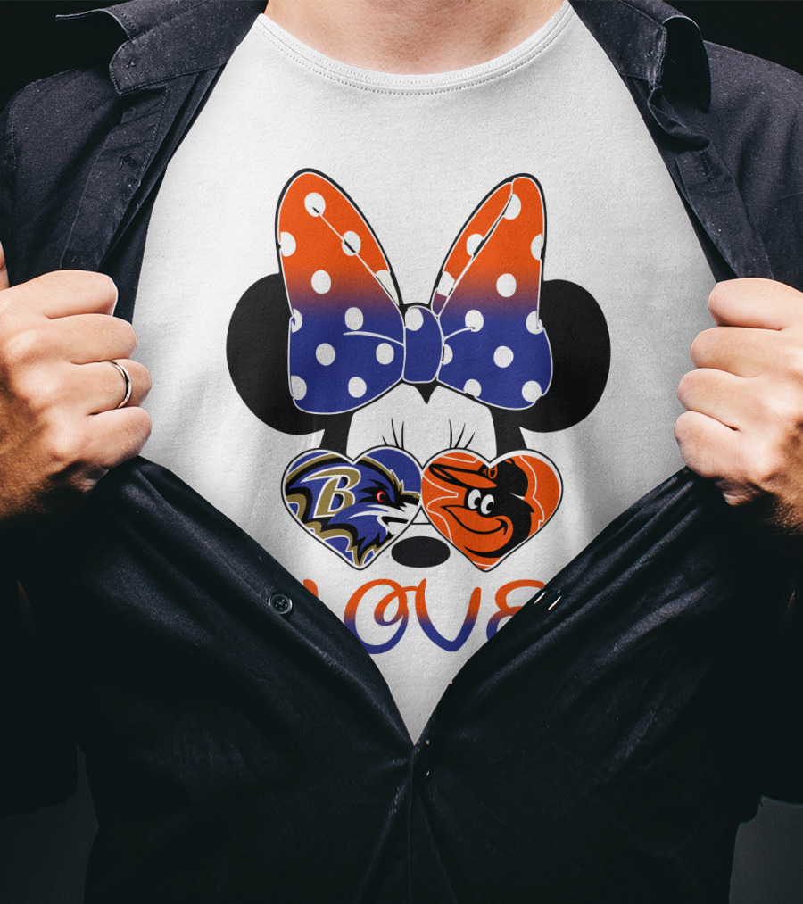 Love Baltimore Ravens Orioles Minnie Mouse Bow T-Shirt