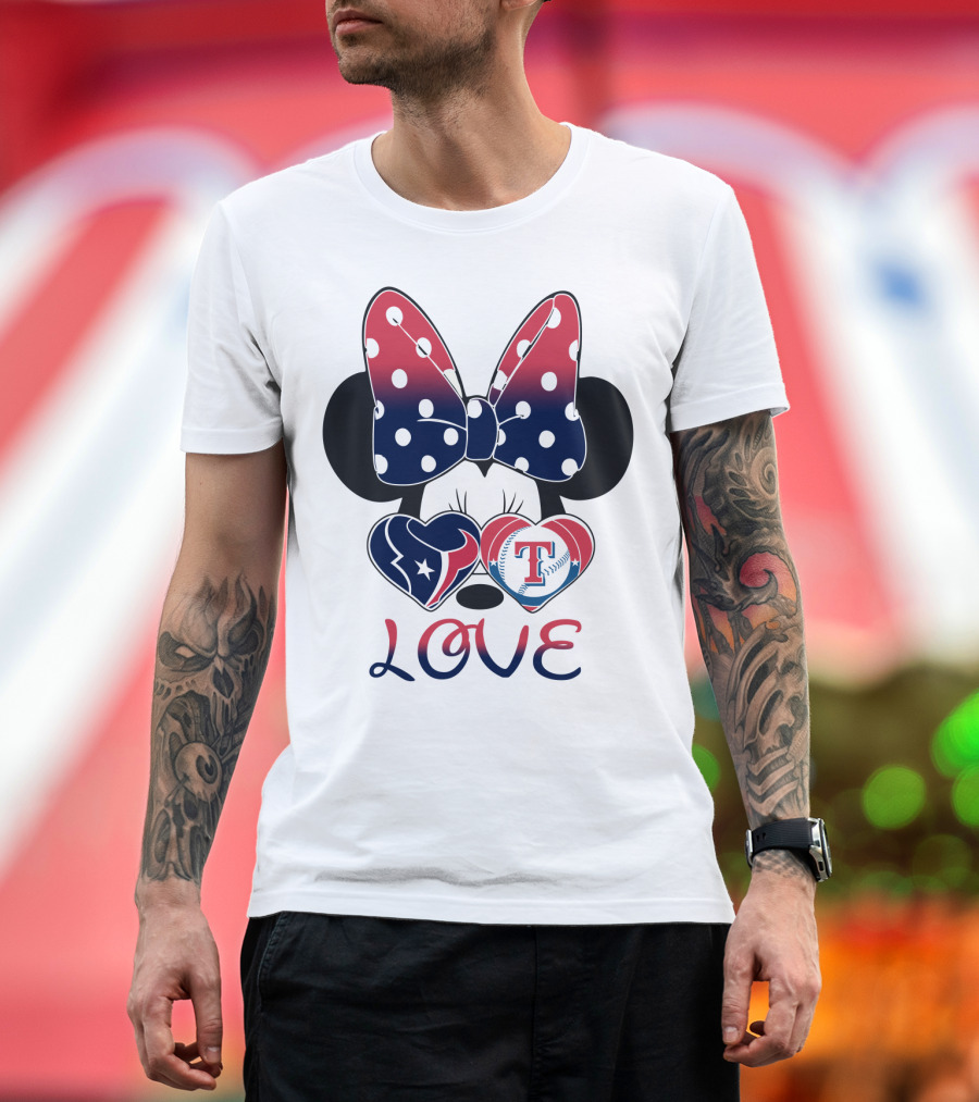 Minnie Bow Love Texans Rangers Hearts T-Shirt