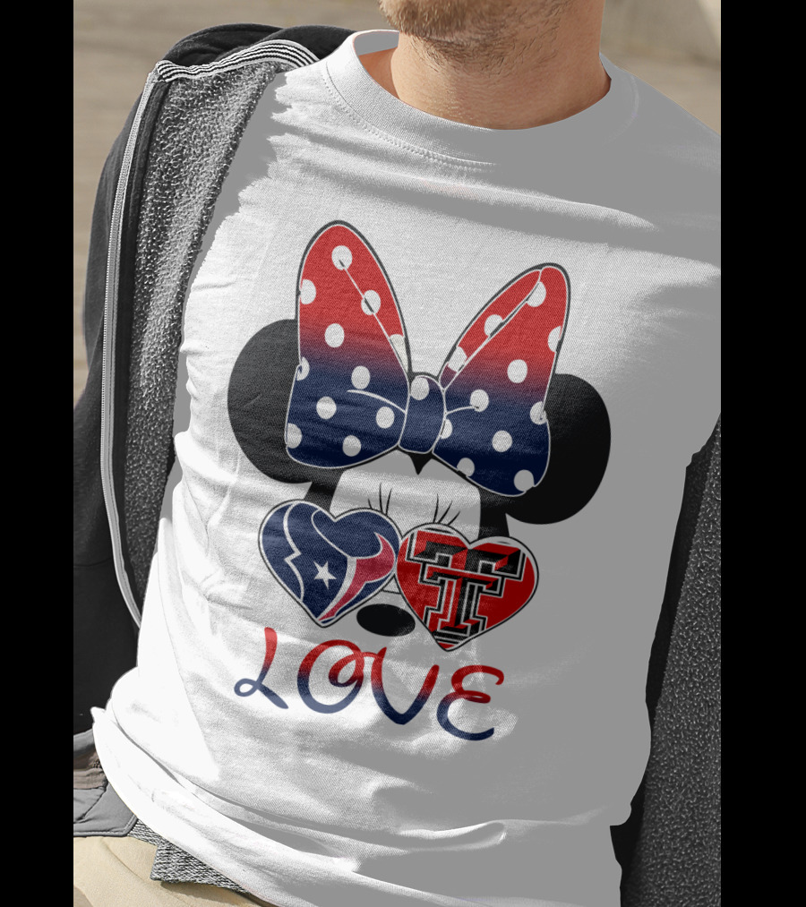 Minnie Mouse Love Texans And Texas Tech Hearts Bow T-Shirt
