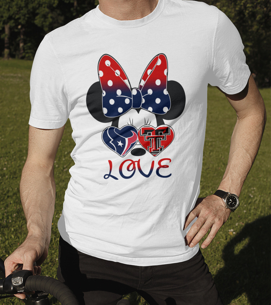 Minnie Mouse Love Texans And Texas Tech Hearts Bow T-Shirt