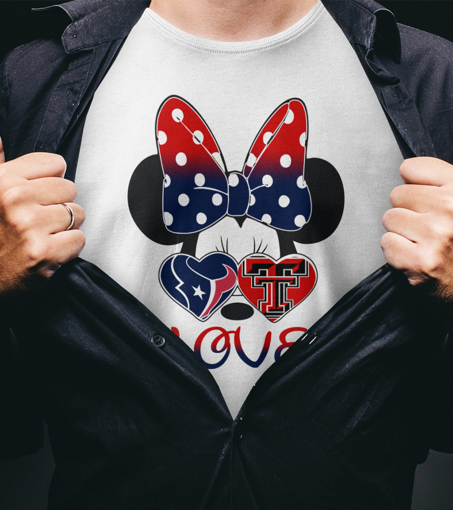 Minnie Mouse Love Texans And Texas Tech Hearts Bow T-Shirt