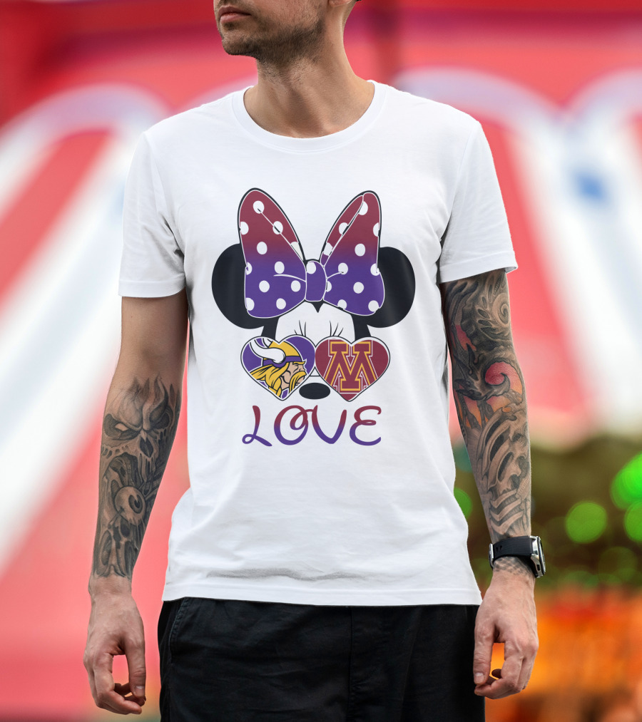 Minnie Mouse Bow Love Vikings Minnesota U Logo Hearts T-Shirt