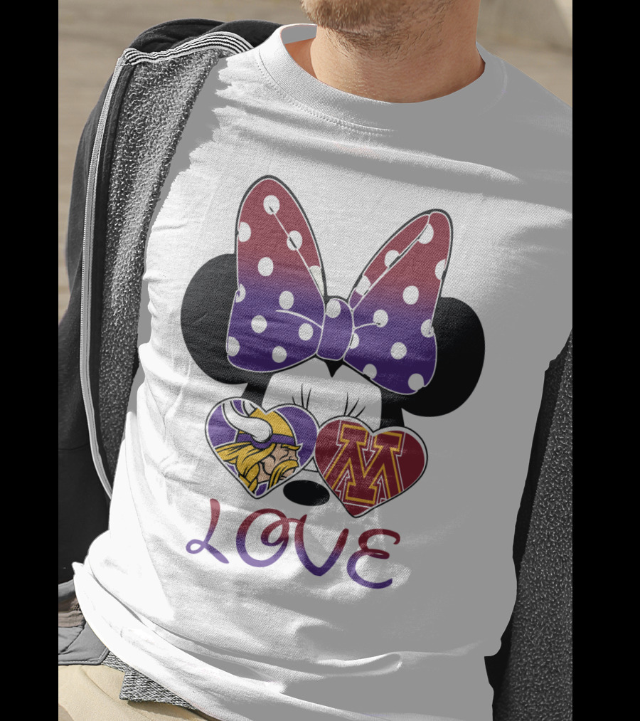 Minnie Mouse Bow Love Vikings Minnesota U Logo Hearts T-Shirt
