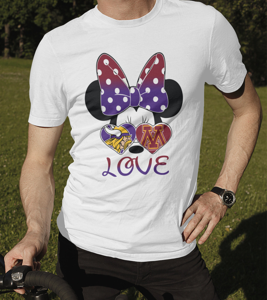 Minnie Mouse Bow Love Vikings Minnesota U Logo Hearts T-Shirt
