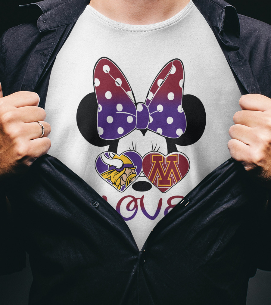 Minnie Mouse Bow Love Vikings Minnesota U Logo Hearts T-Shirt