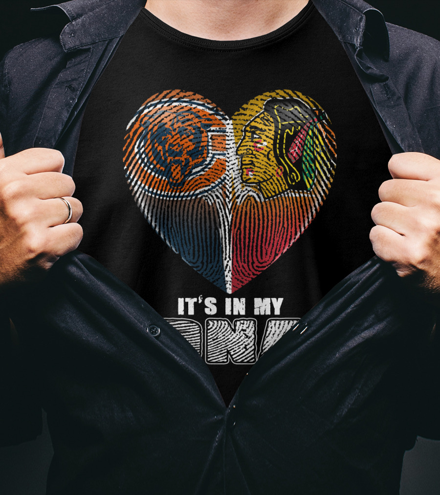 It's In My Dna Chicago Bears Blackhawks Fingerprint Heart T-Shirt