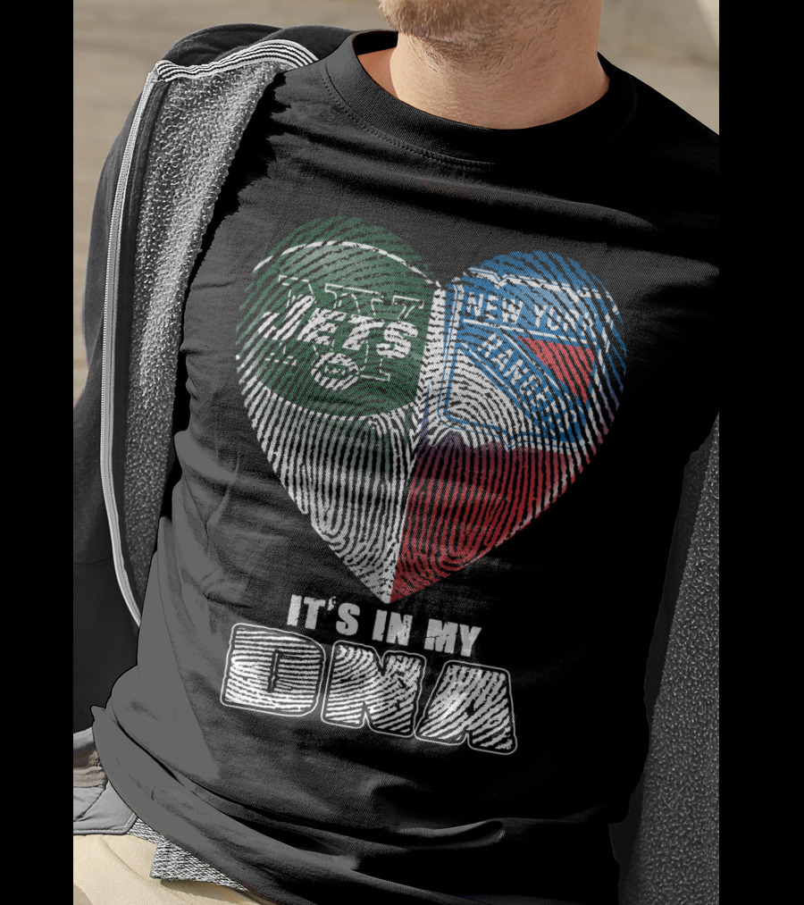 New York Jets And Rangers It's In My Dna Heart Fingerprint T-Shirt